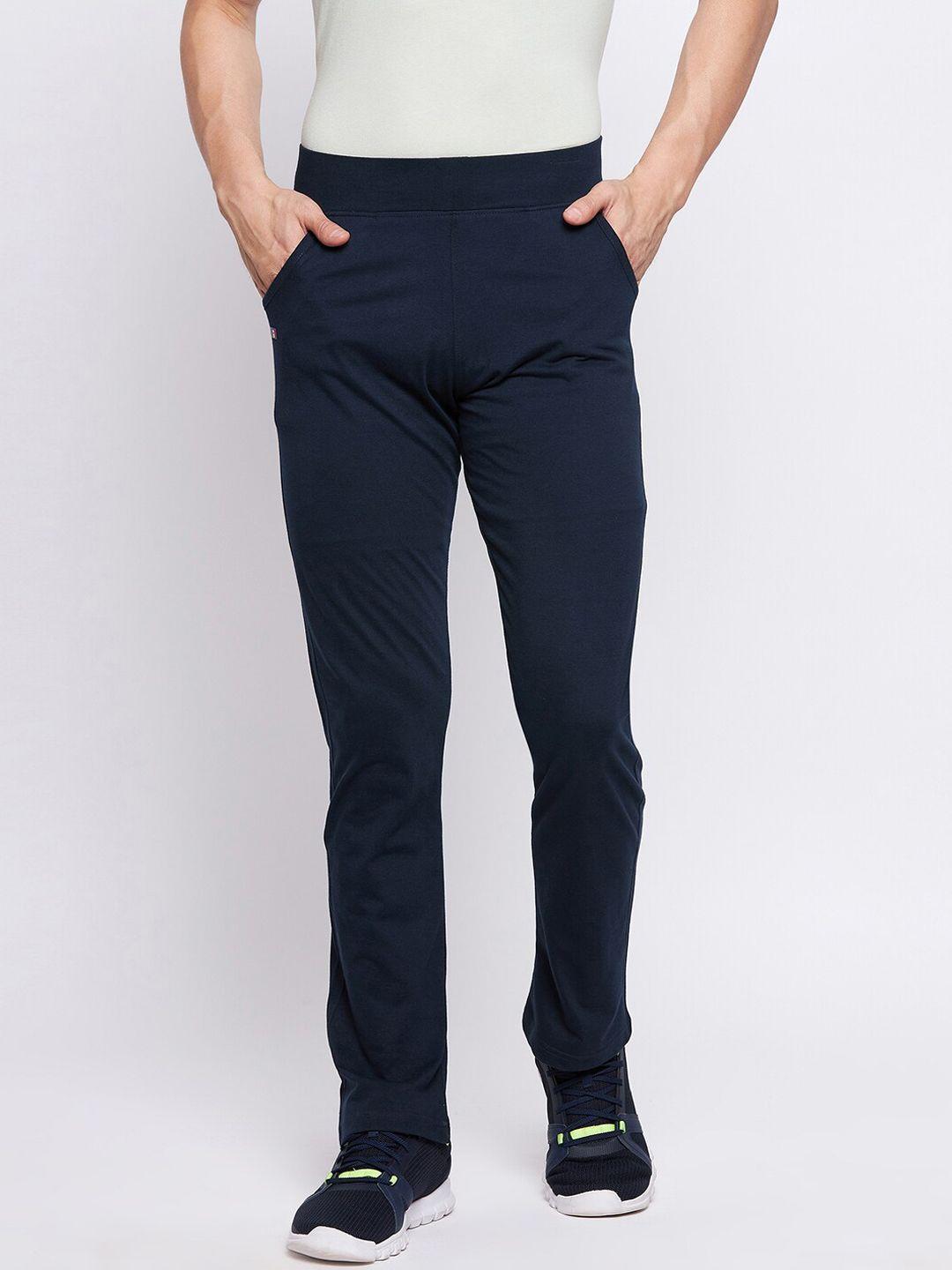 french flexious men navy blue solid straight fit track pants