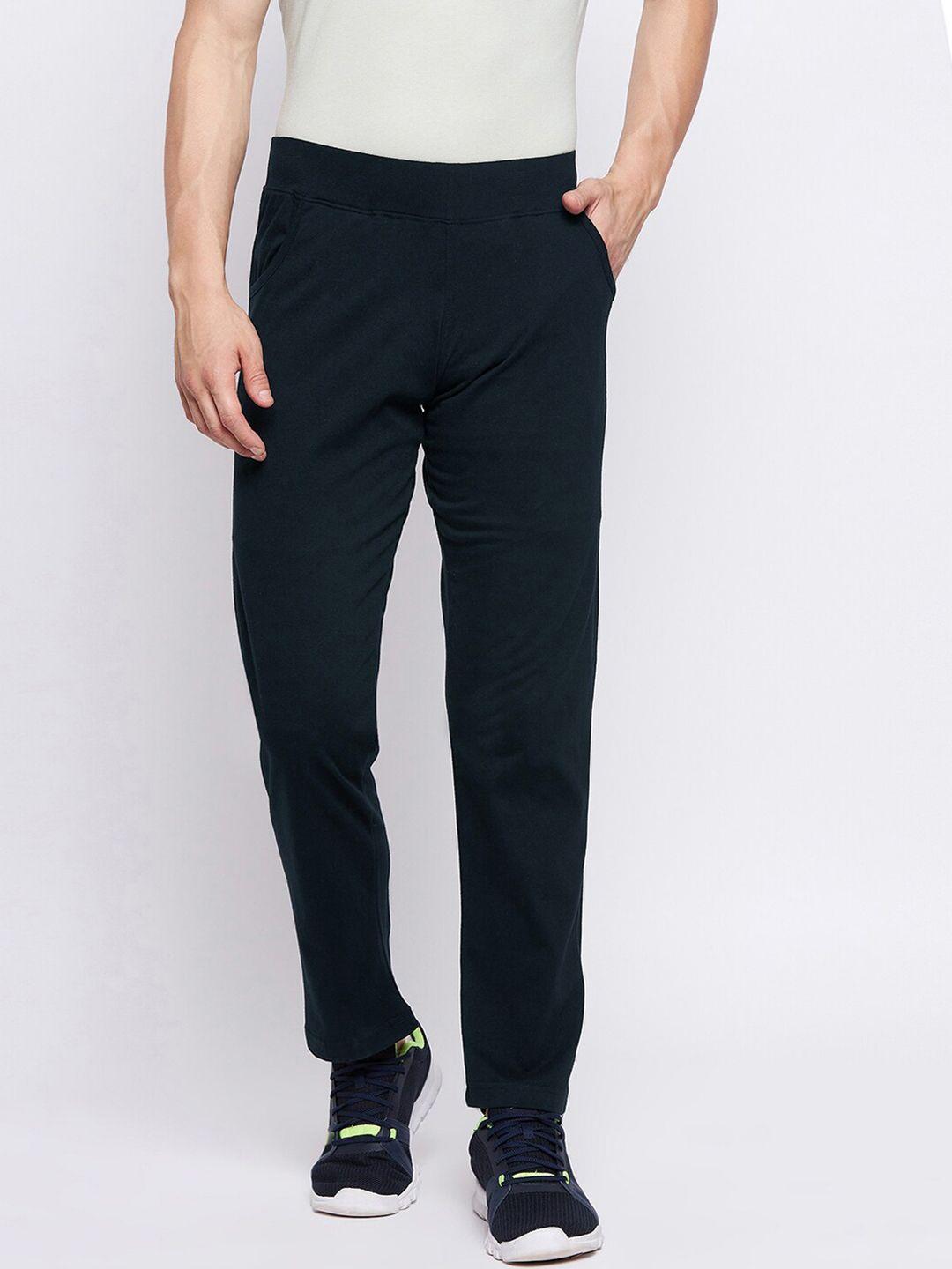 french flexious men navy blue solid straight-fit track pants