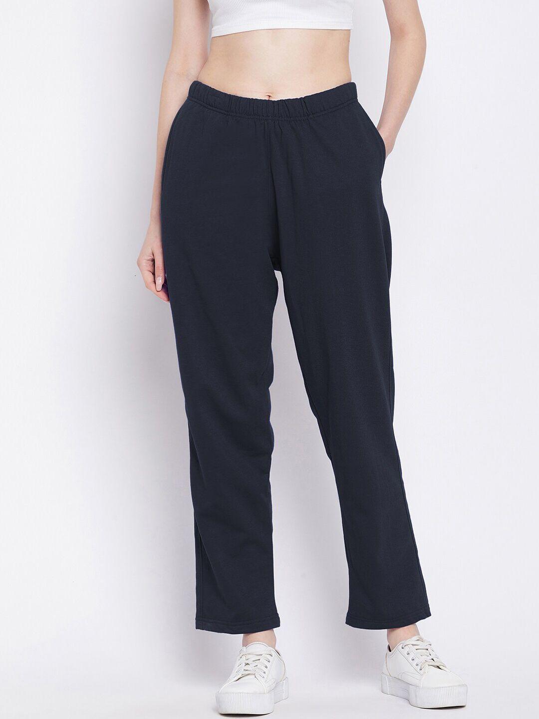 french flexious women navy blue solid relaxed-fit track pants