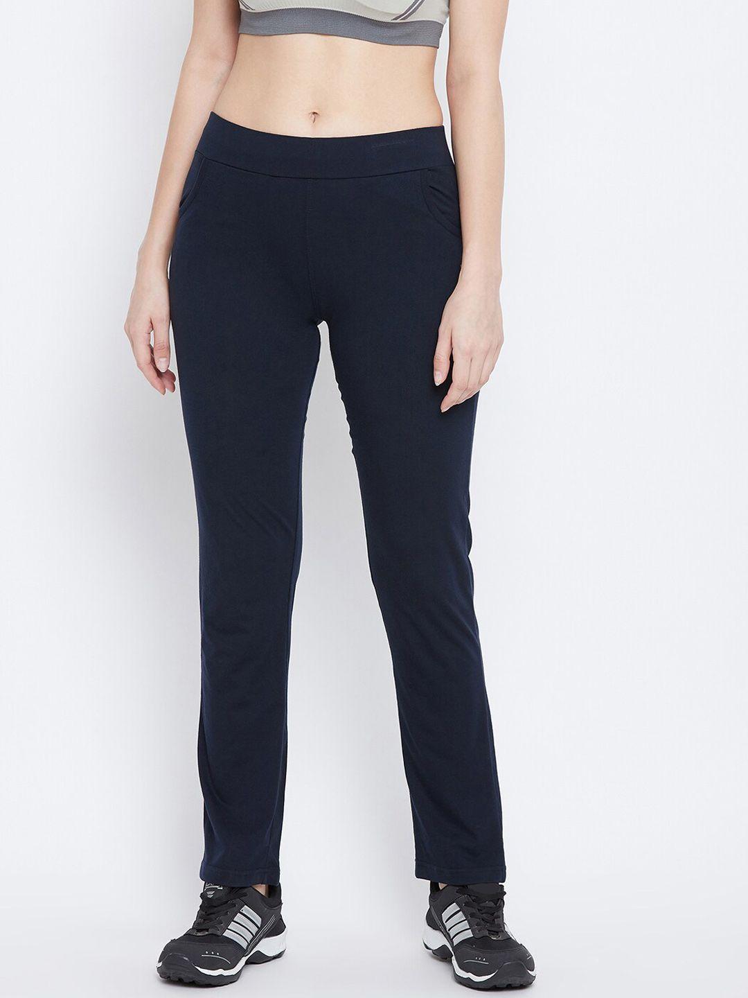french flexious women navy blue solid straight-fit track pants