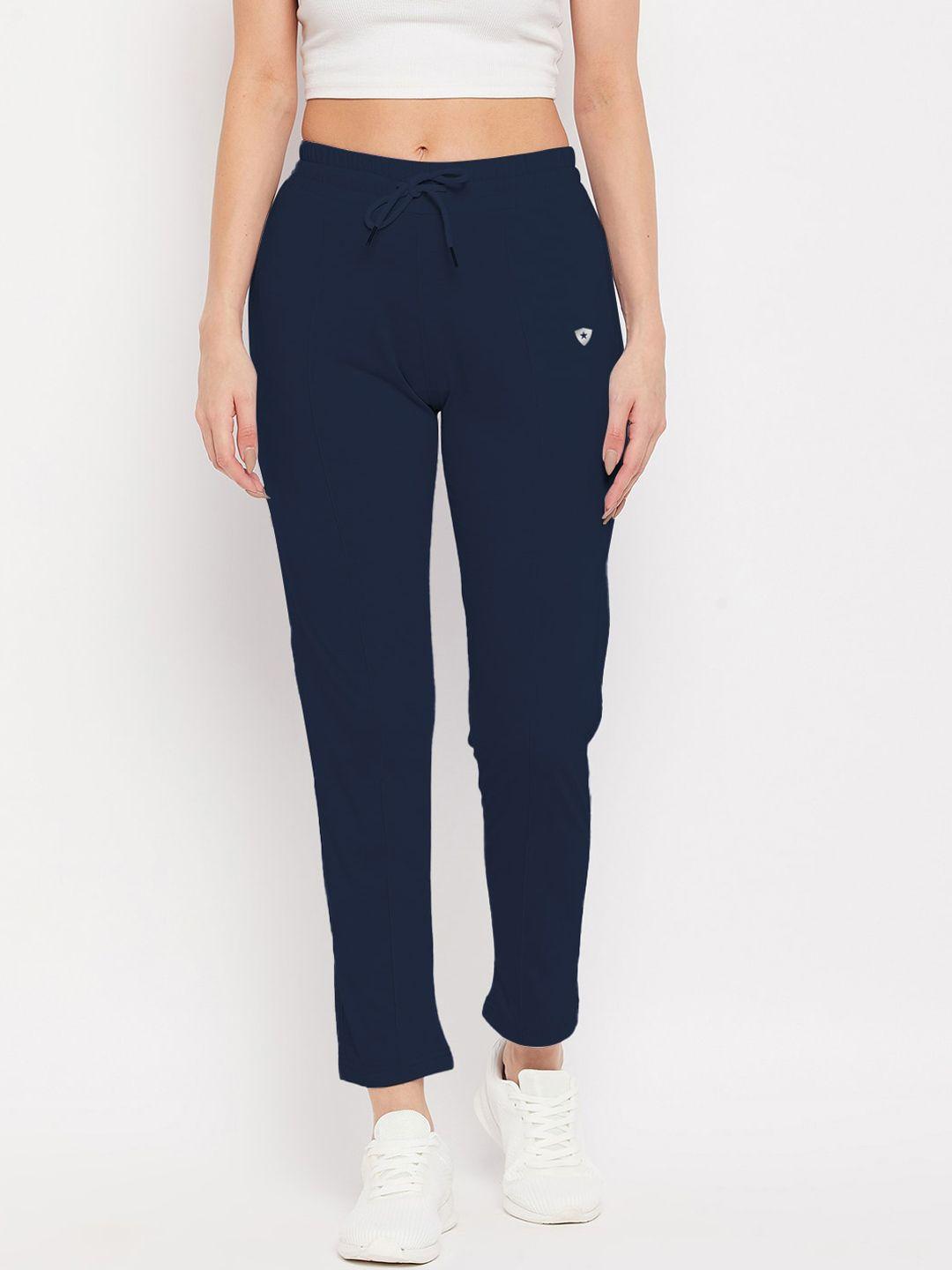 french flexious women navy blue solid track pants