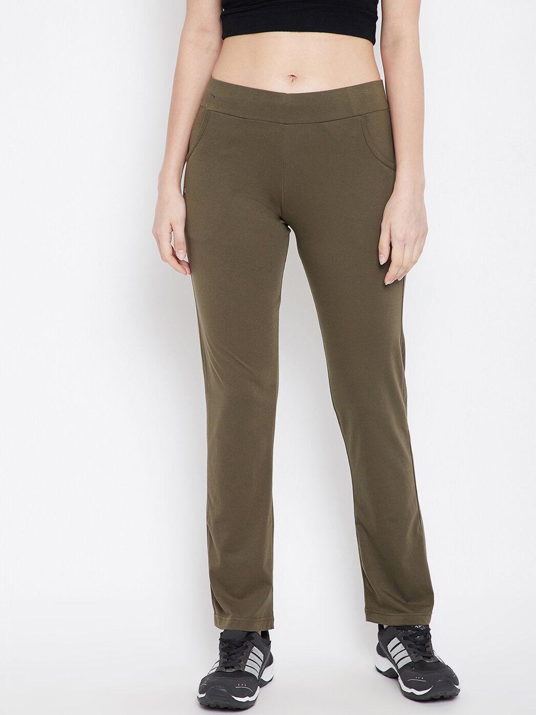 french flexious women olive-green solid straight-fit track pants