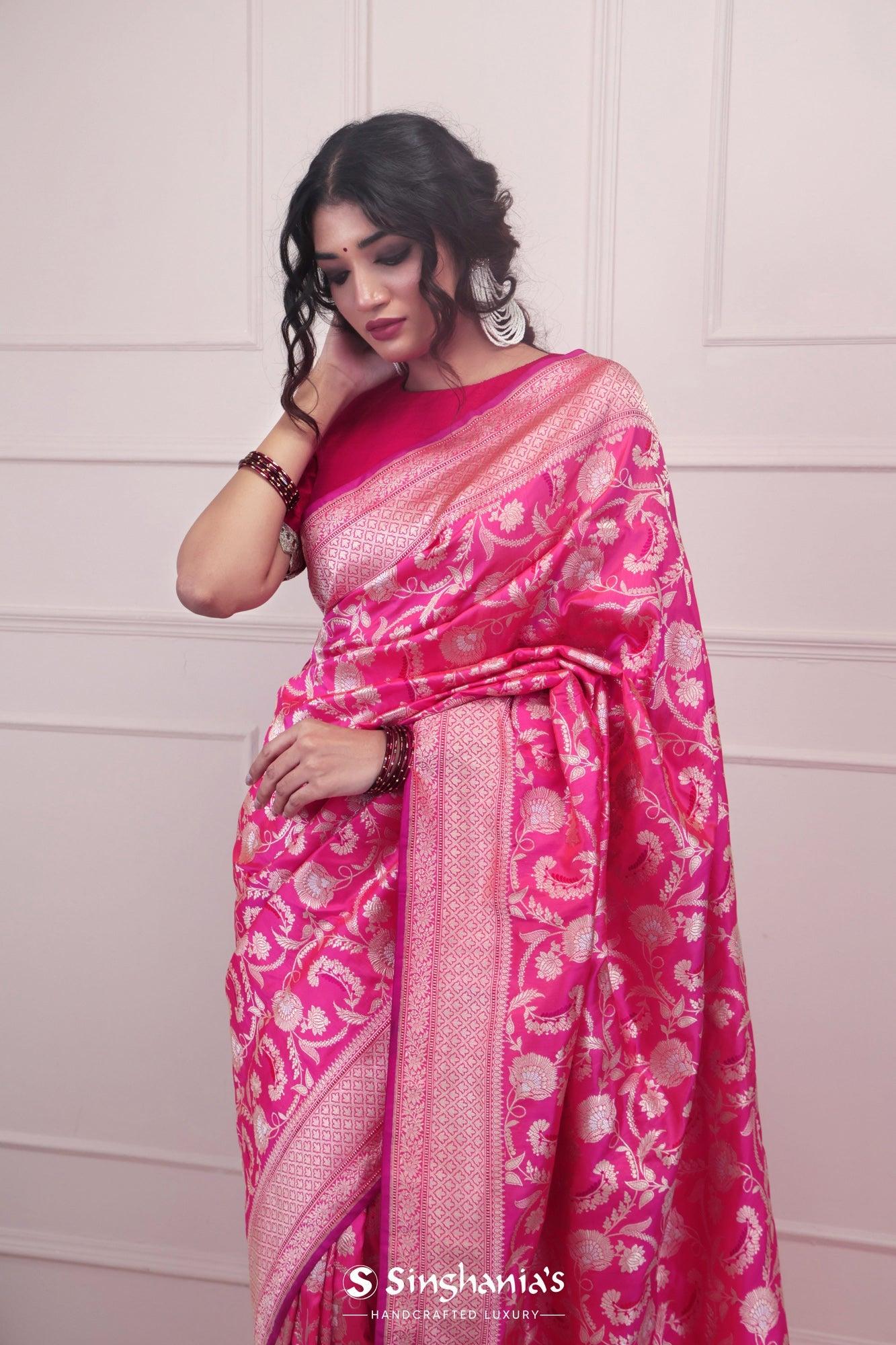 french fuchsia banarasi silk saree with floral jangla weaving