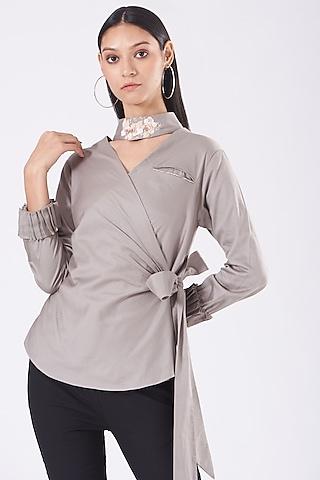 french grey cotton satin tie-knotted top