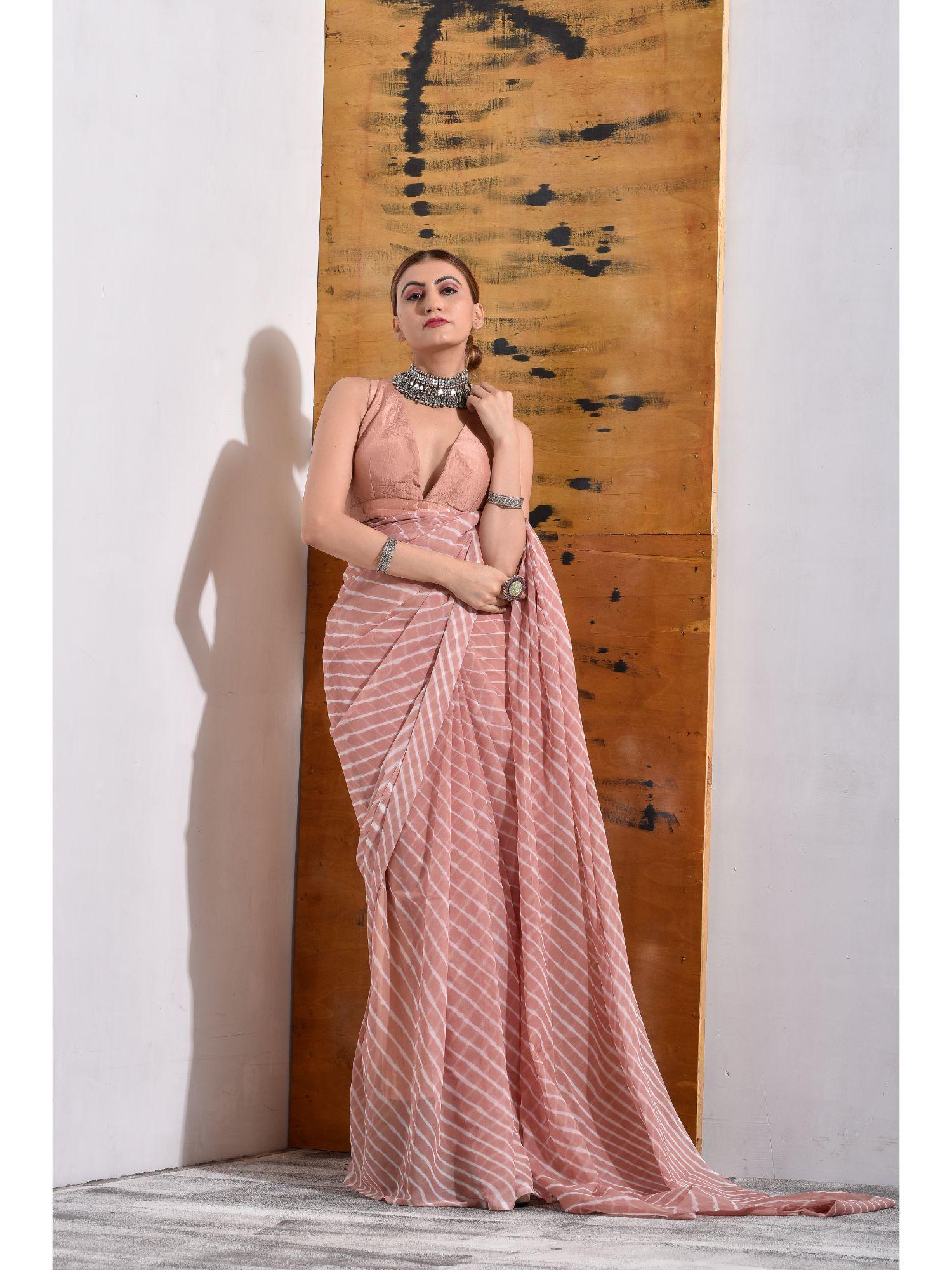 french pink printed chiffon leheriya saree with unstitched blouse