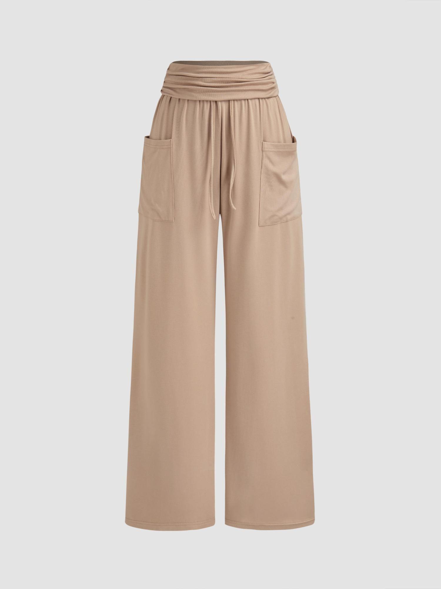 french riviera vacation mid rise solid ruched pocket wide leg trousers