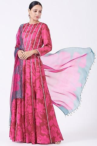 french rose & maroon printed anarkali set