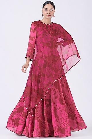 french rose & maroon printed anarkali with attached dupatta