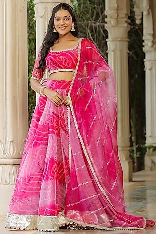 french rose organza bandhani printed lehenga set