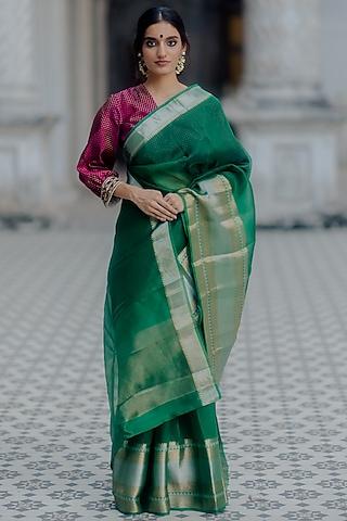 fresh green banarasi silk saree set