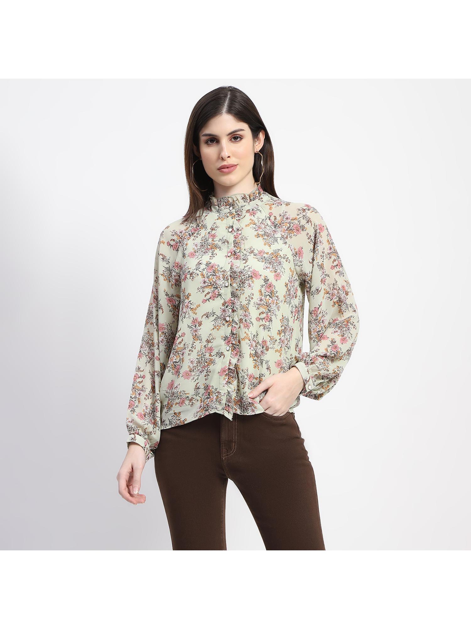 frill neck button down mint floral print top