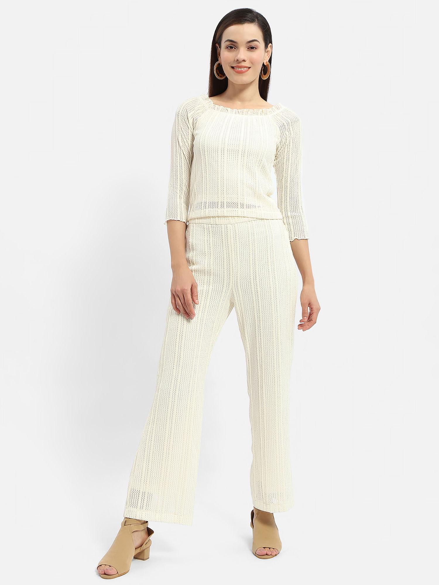 frill round neck off-white co-ord (set of 2)