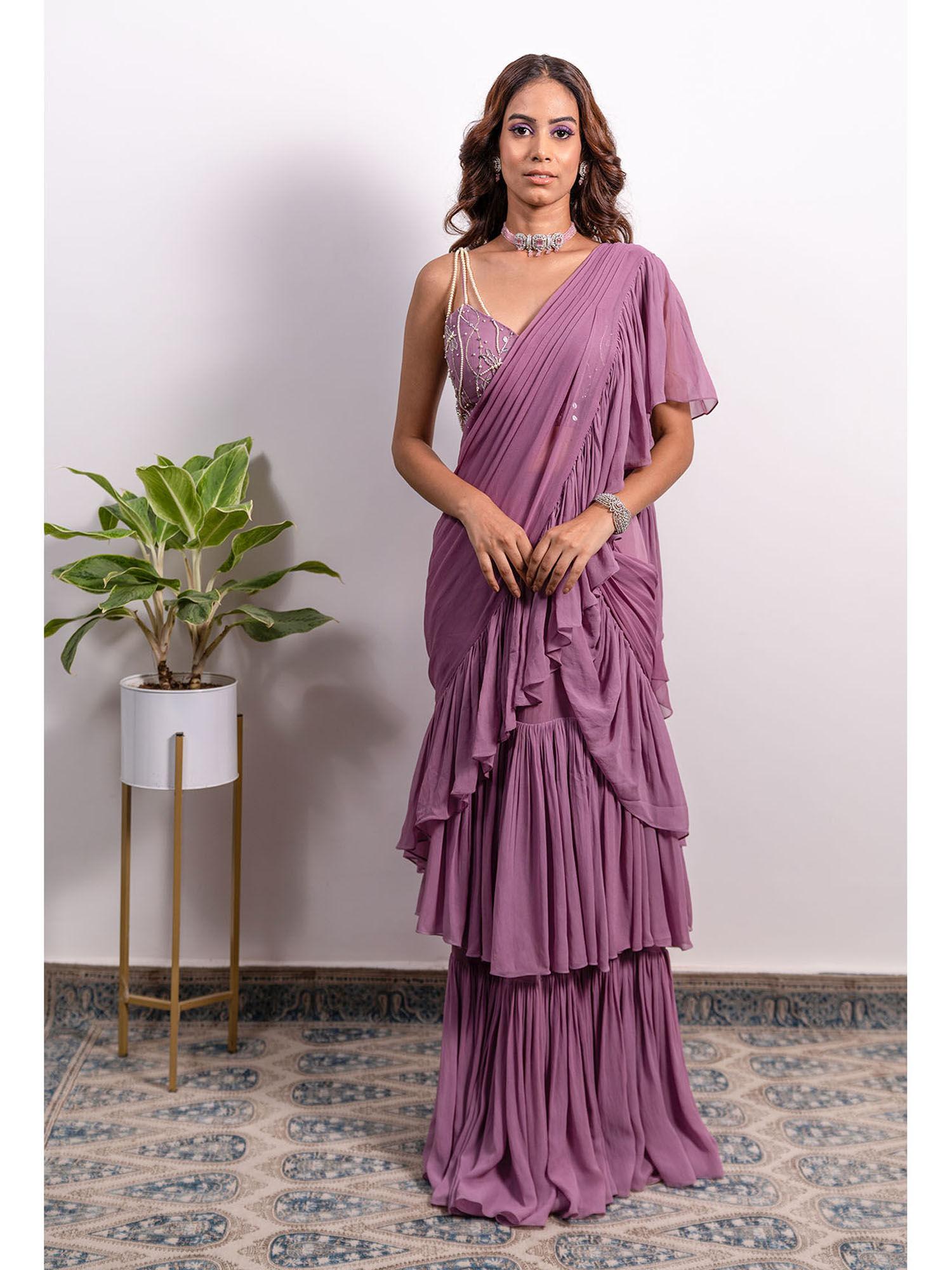 frill saree with dragonfly embroidered stitched blouse