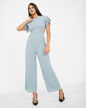 frill sleeves jumpsuit with cut-out waist