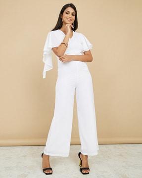 frill sleeves jumpsuit with gathered waist