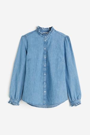 frill-trimmed denim blouse