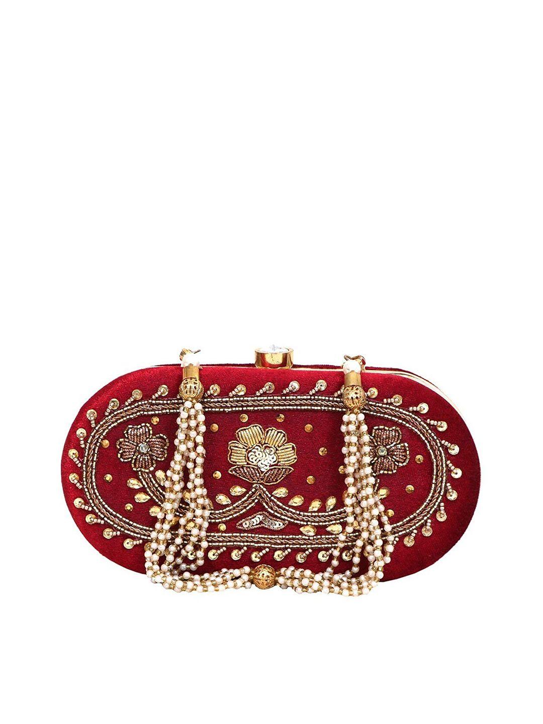 fringes maroon & gold-toned embroidered box clutch