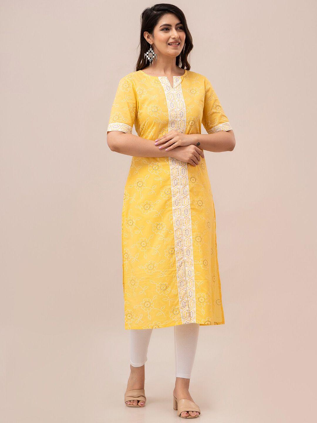 frionkandy bandhani printed notched round neck straight cotton kurta