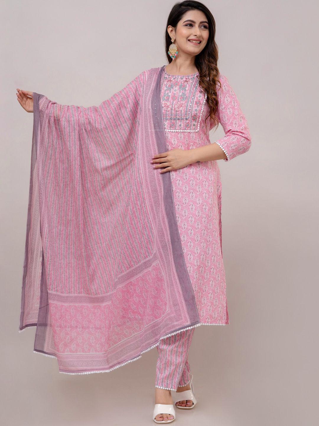 frionkandy women pink paisley yoke design regular patchwork pure cotton kurta with trousers & with dupatta