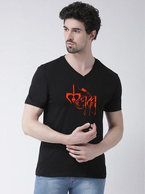 friskers black regular fit graphic print v-neck t-shirt