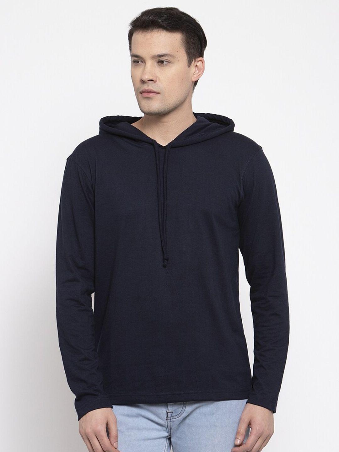 friskers men navy blue solid cotton long sleeves hooded t-shirt