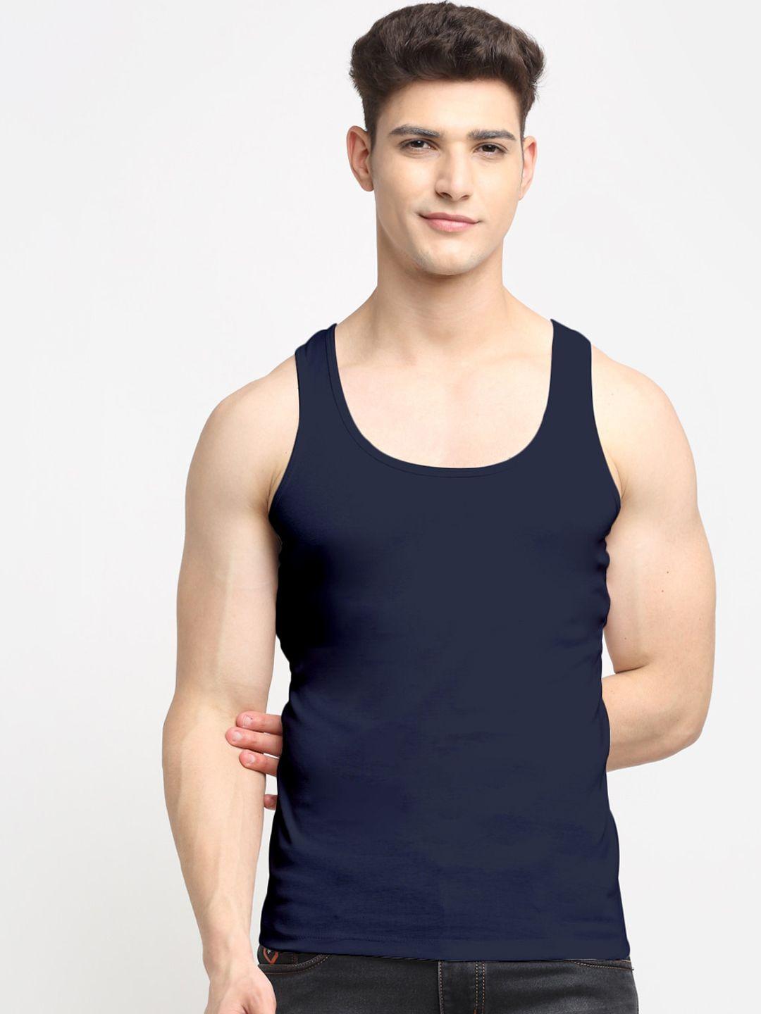 friskers men navy blue solid pure cotton tank innerwear vest