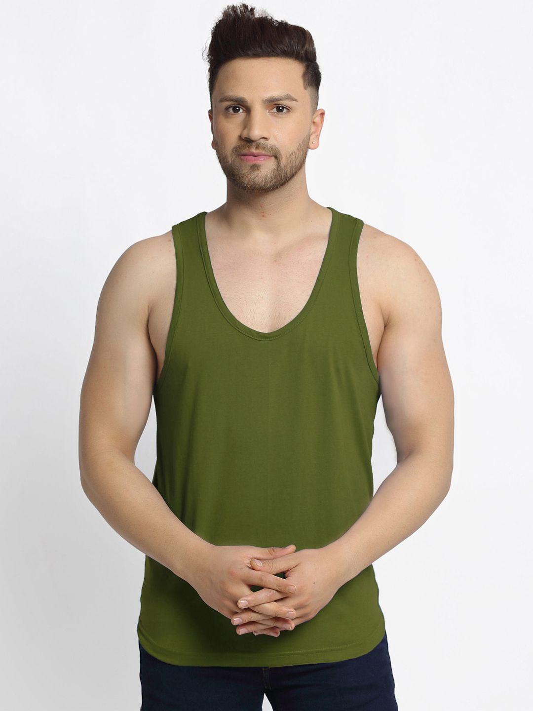 friskers men olive green solid cotton apple cut casual gym vest c-34