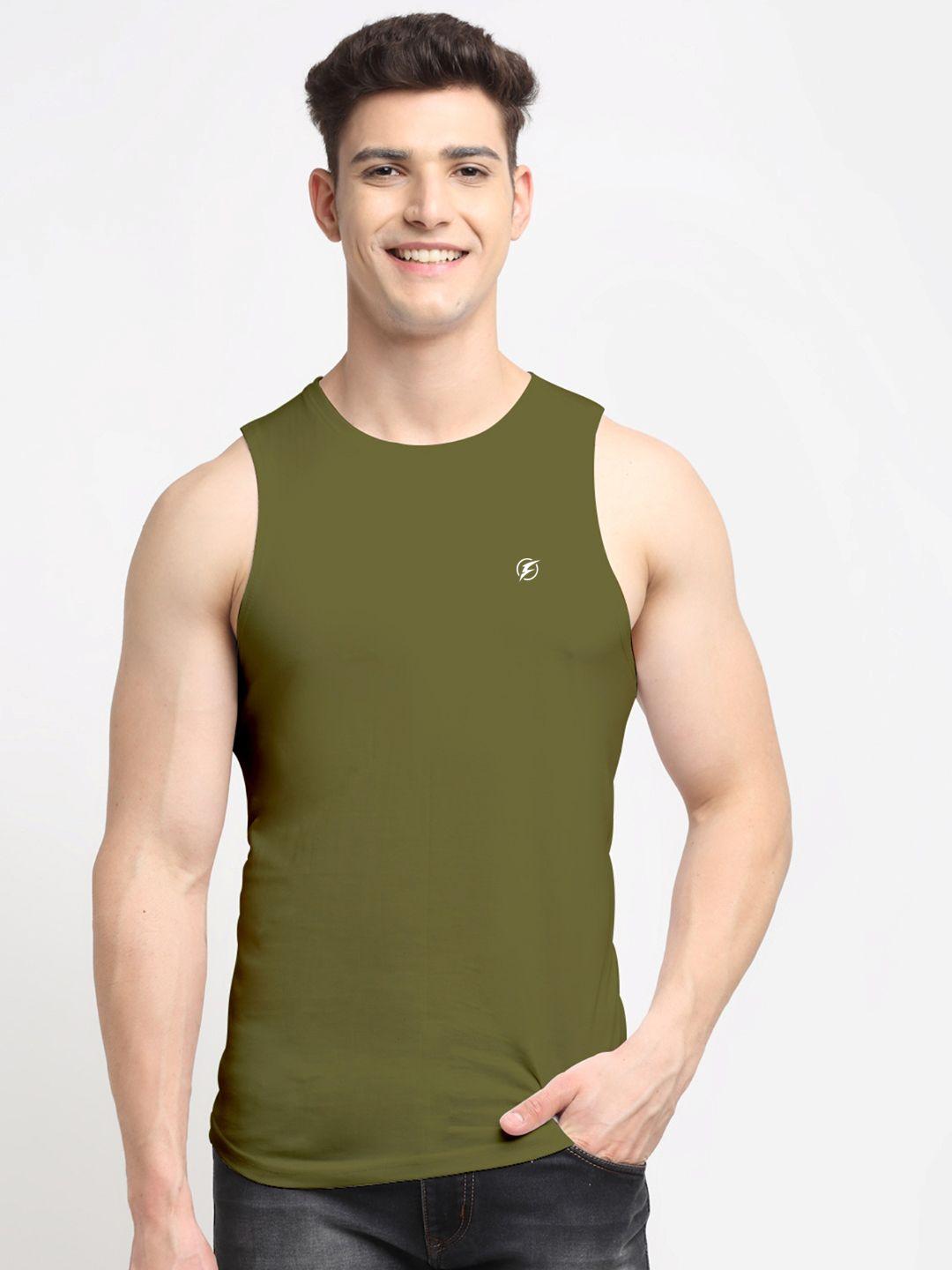friskers men olive green solid cotton innerwear vests