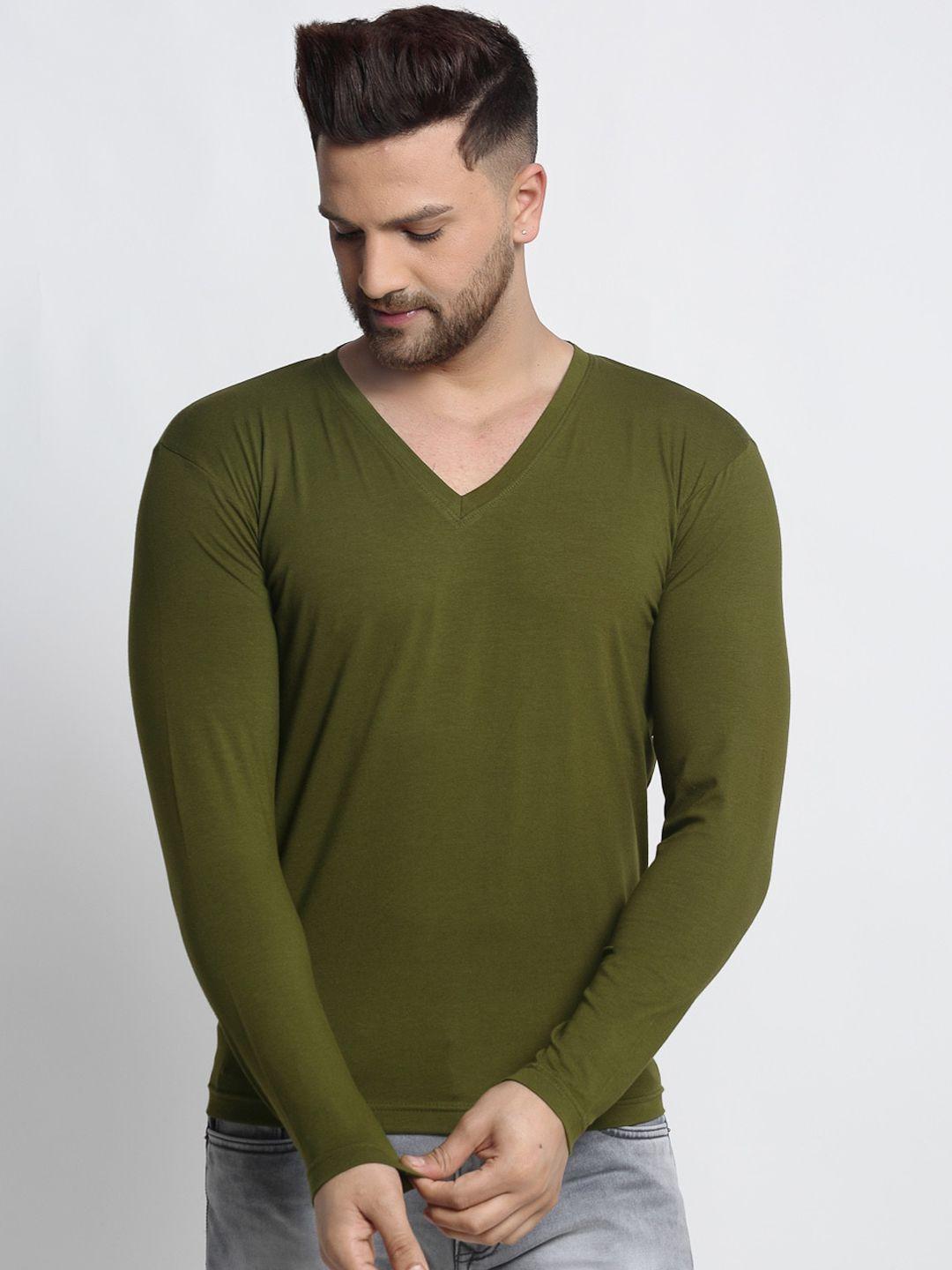 friskers men olive green solid v-neck pure cotton t-shirt