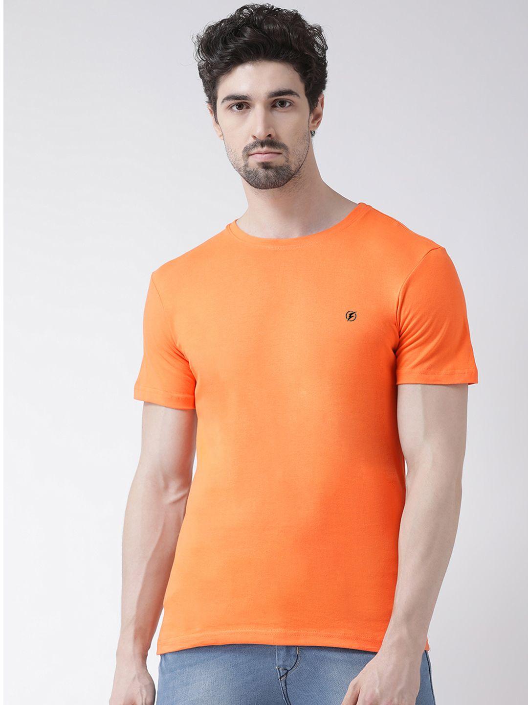 friskers men orange solid round neck pure cotton t-shirt