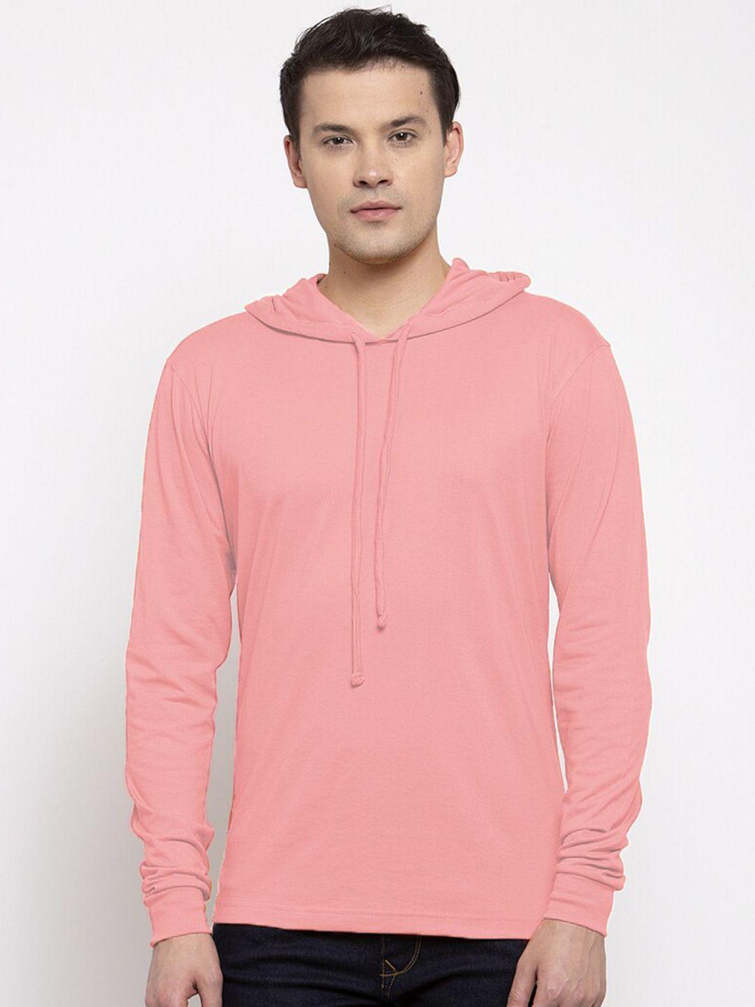 friskers men peach solid hooded pure cotton long sleeve t-shirt