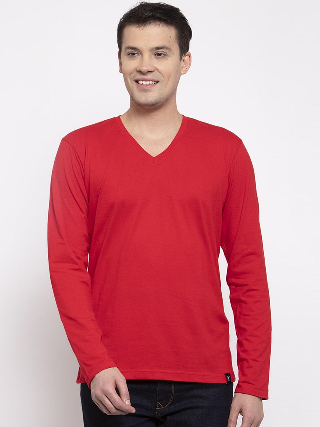 friskers men red solid v-neck t-shirt