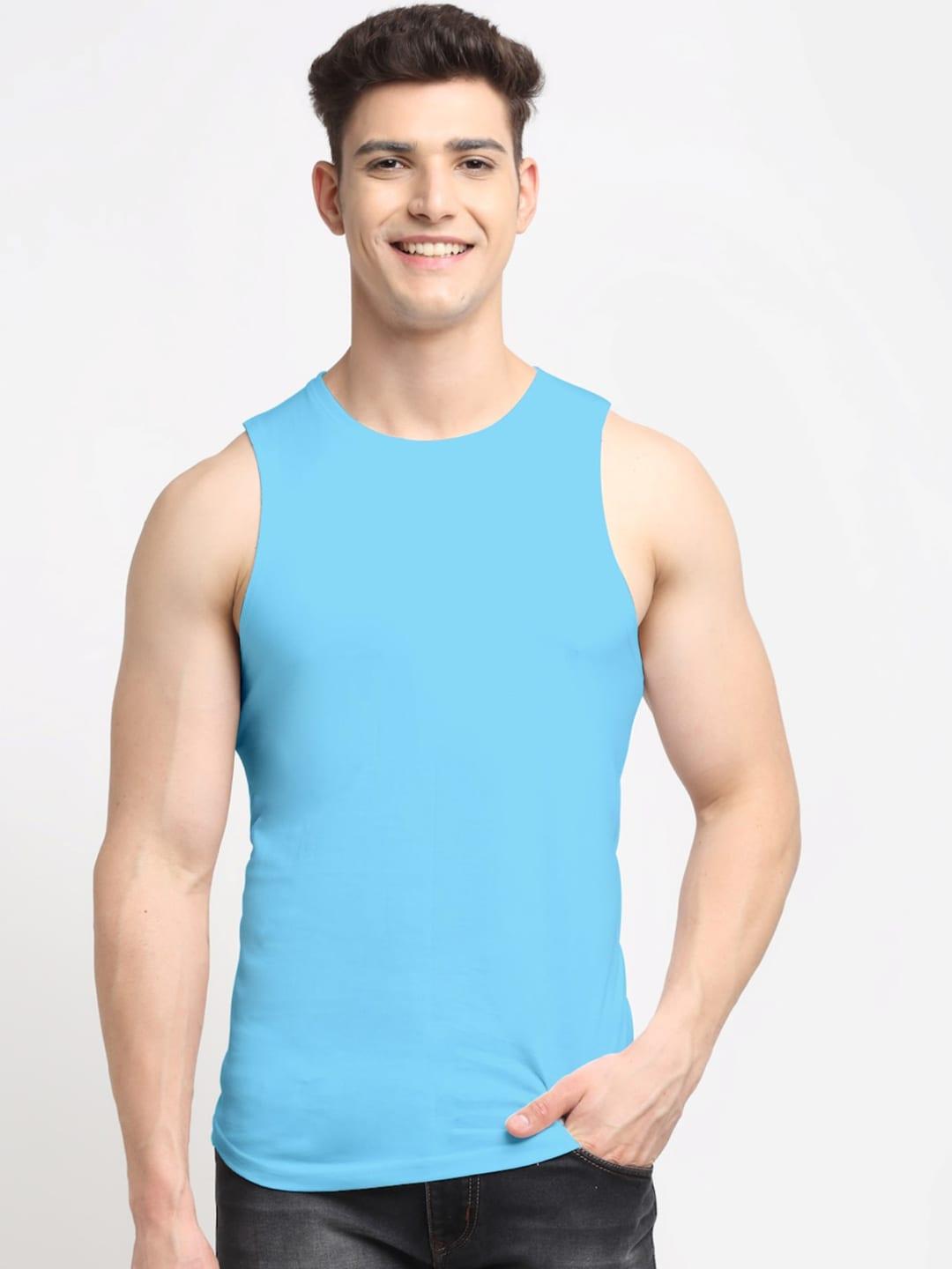 friskers men turquoise blue  solid cotton innerwear vests