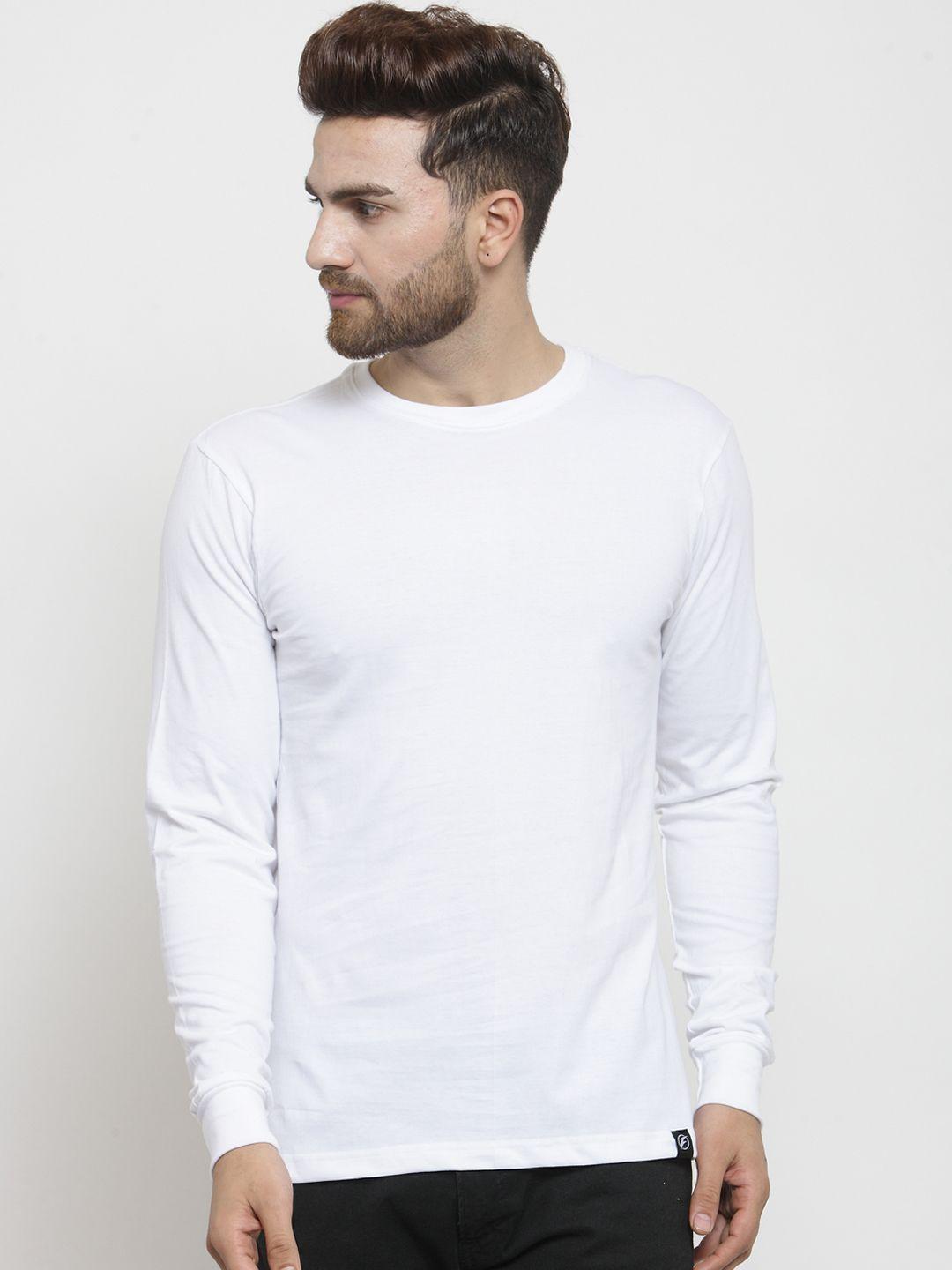 friskers men white solid round neck pure cotton t-shirt