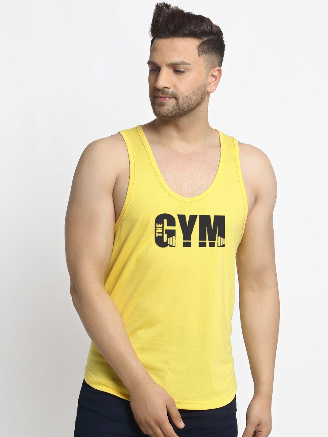 friskers men yellow & black printed cotton innerwear vests