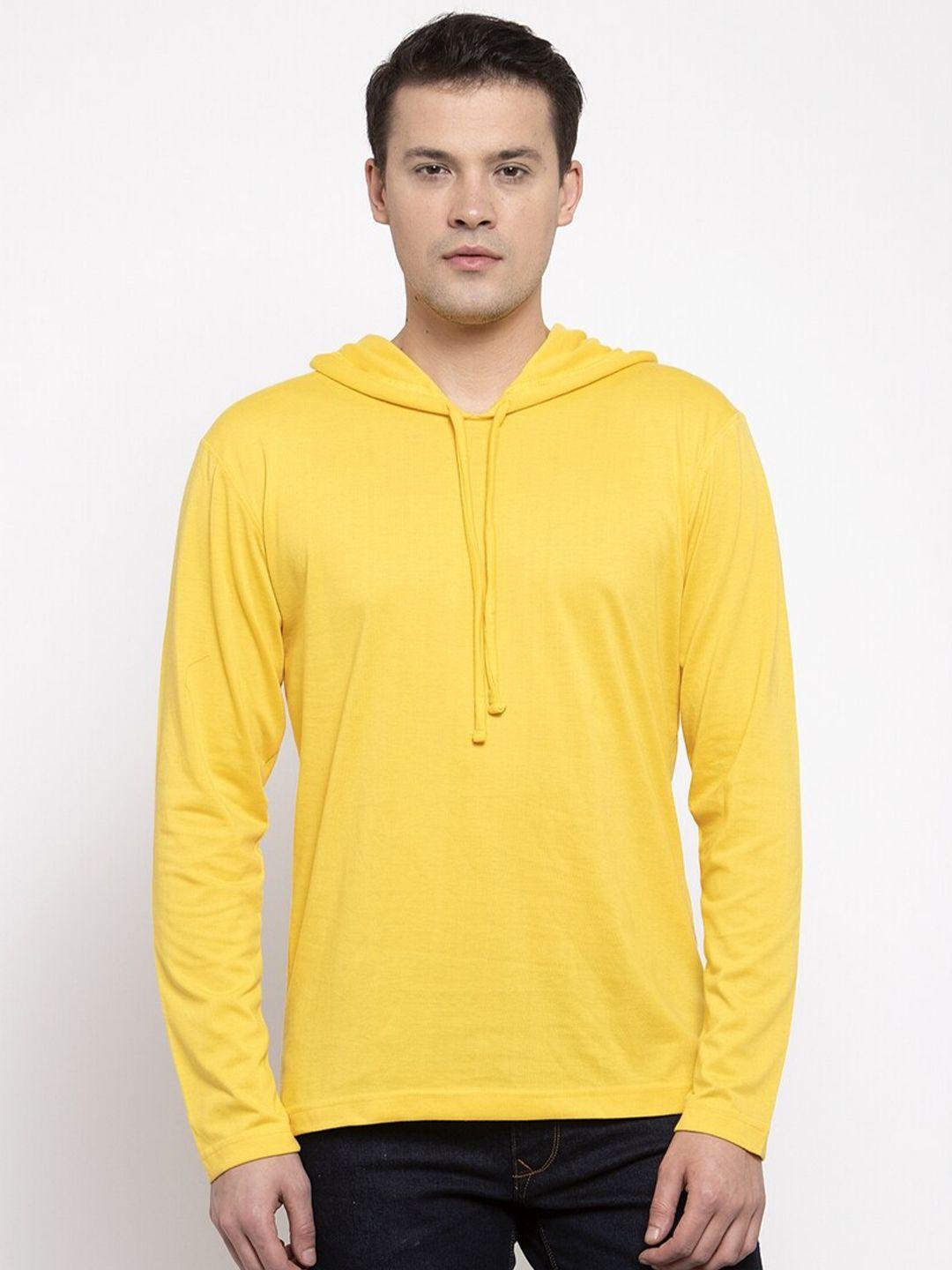 friskers men yellow solid cotton long sleeves hooded t-shirt
