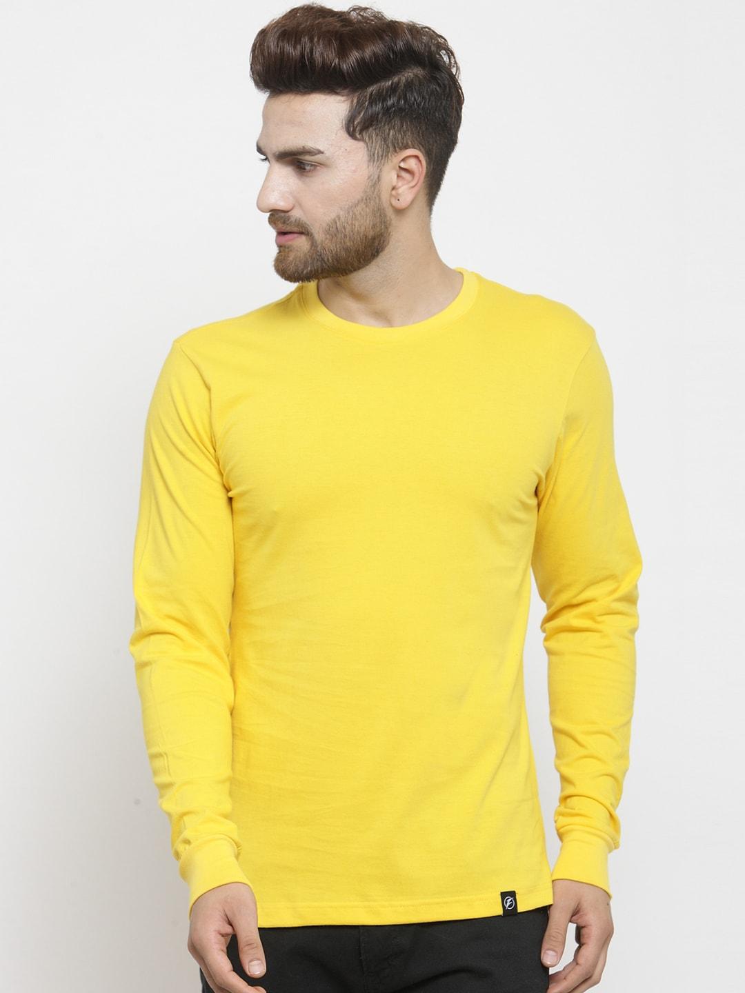 friskers men yellow solid round neck pure cotton t-shirt