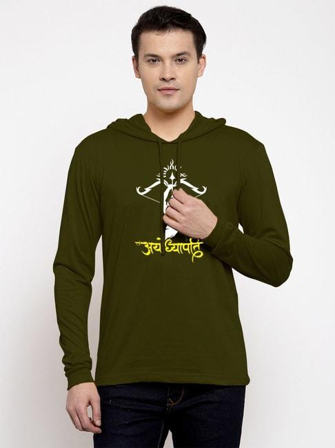 friskers olive slim fit graphic print hooded t-shirt