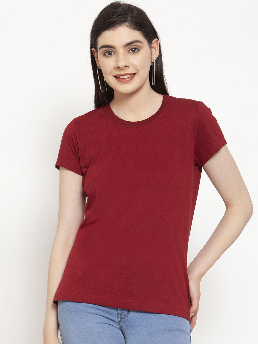 friskers women maroon solid round neck t-shirt