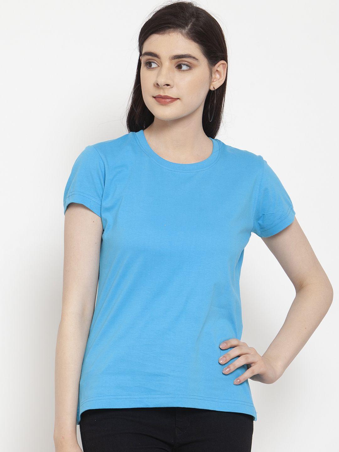 friskers women turquoise blue solid round neck t-shirt