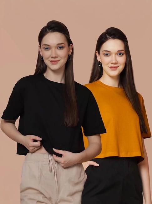 friskers black & mustard cotton cropped t-shirt - pack of 2