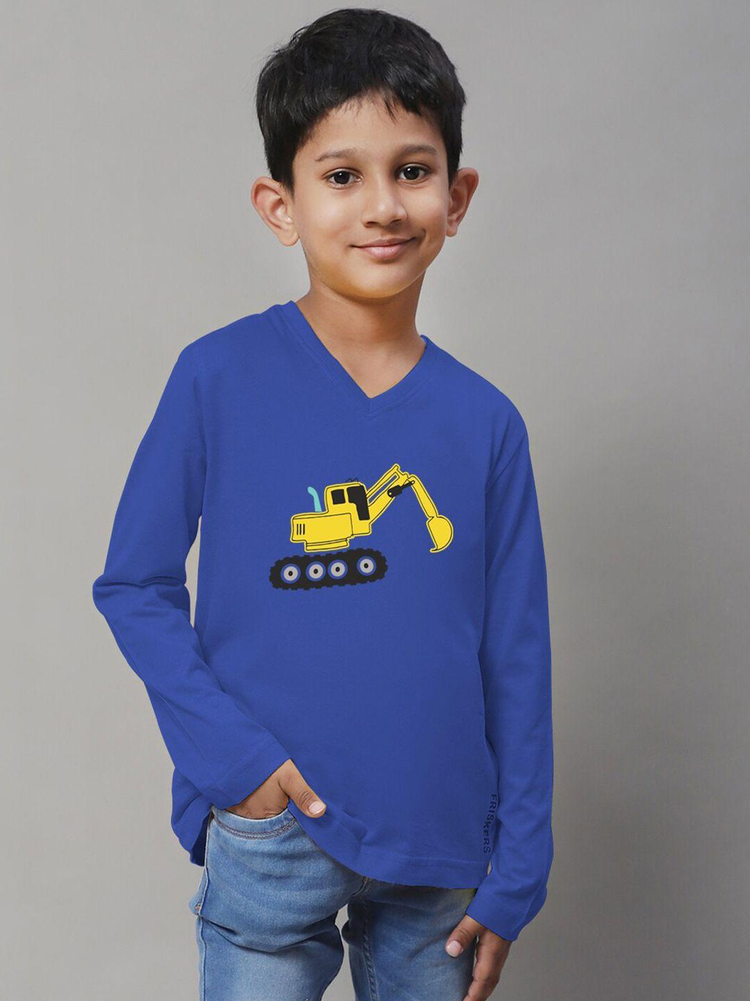 friskers boys blue typography printed v-neck applique slim fit t-shirt