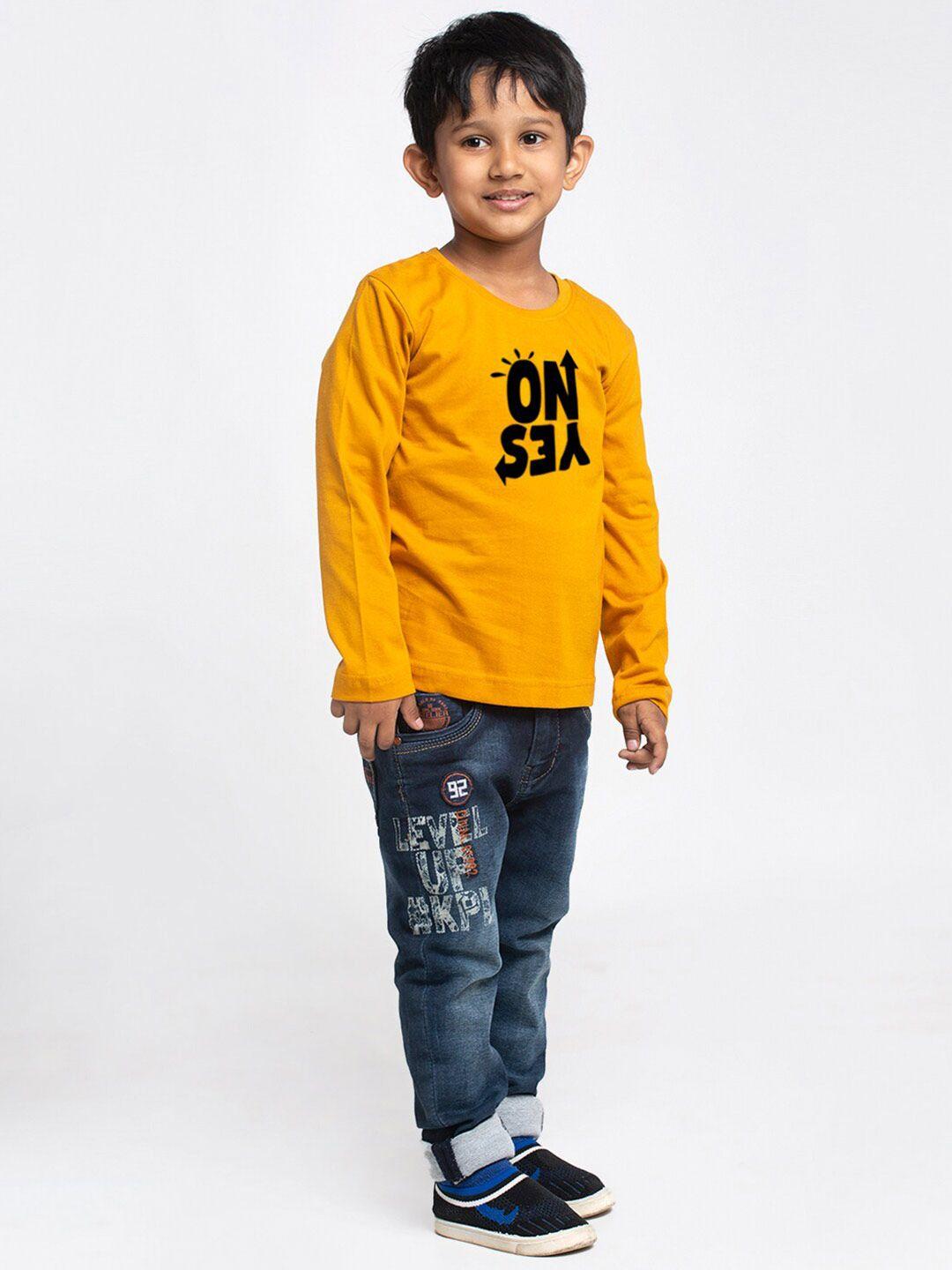 friskers boys mustard yellow typography printed pockets t-shirt
