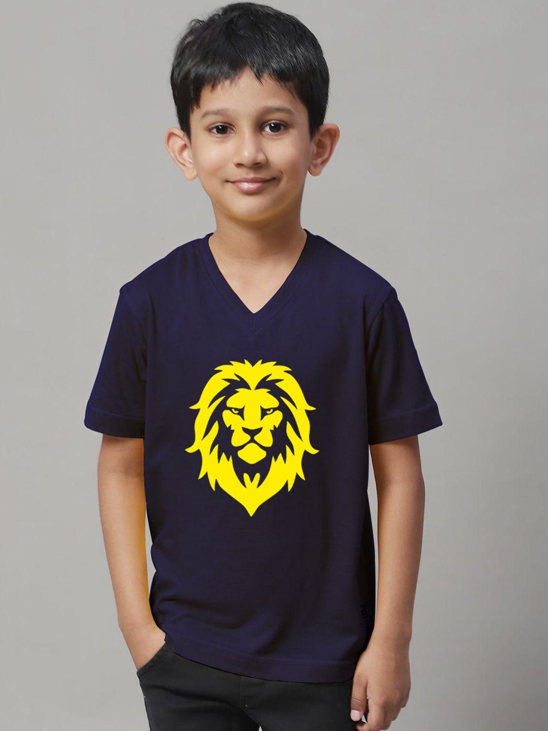 friskers boys navy blue printed v-neck raw edge t-shirt