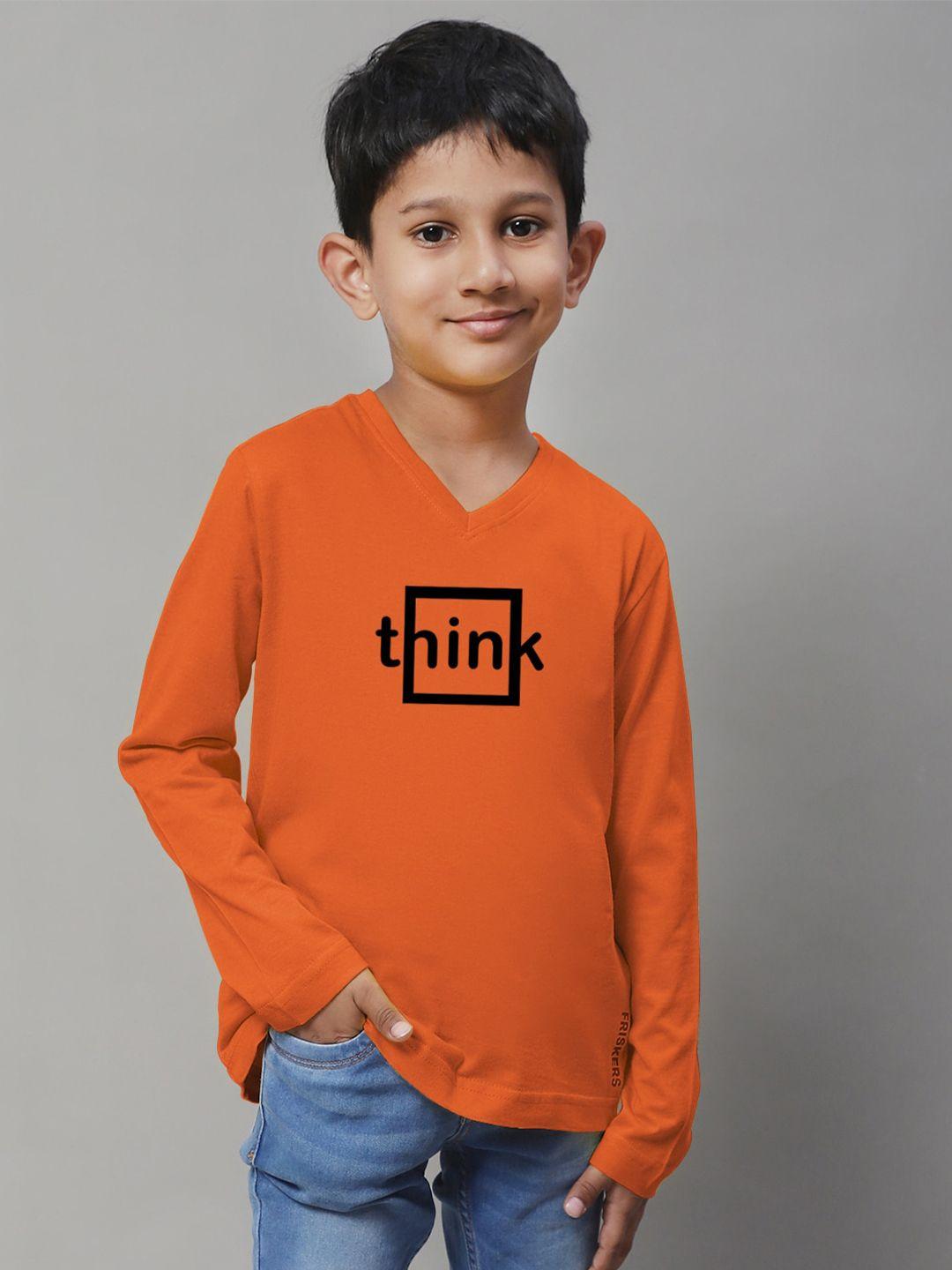 friskers boys orange typography printed v-neck applique t-shirt