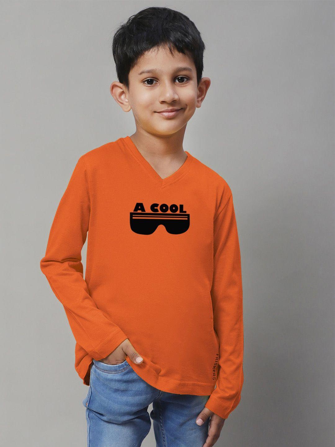 friskers boys orange typography printed v-neck applique t-shirt