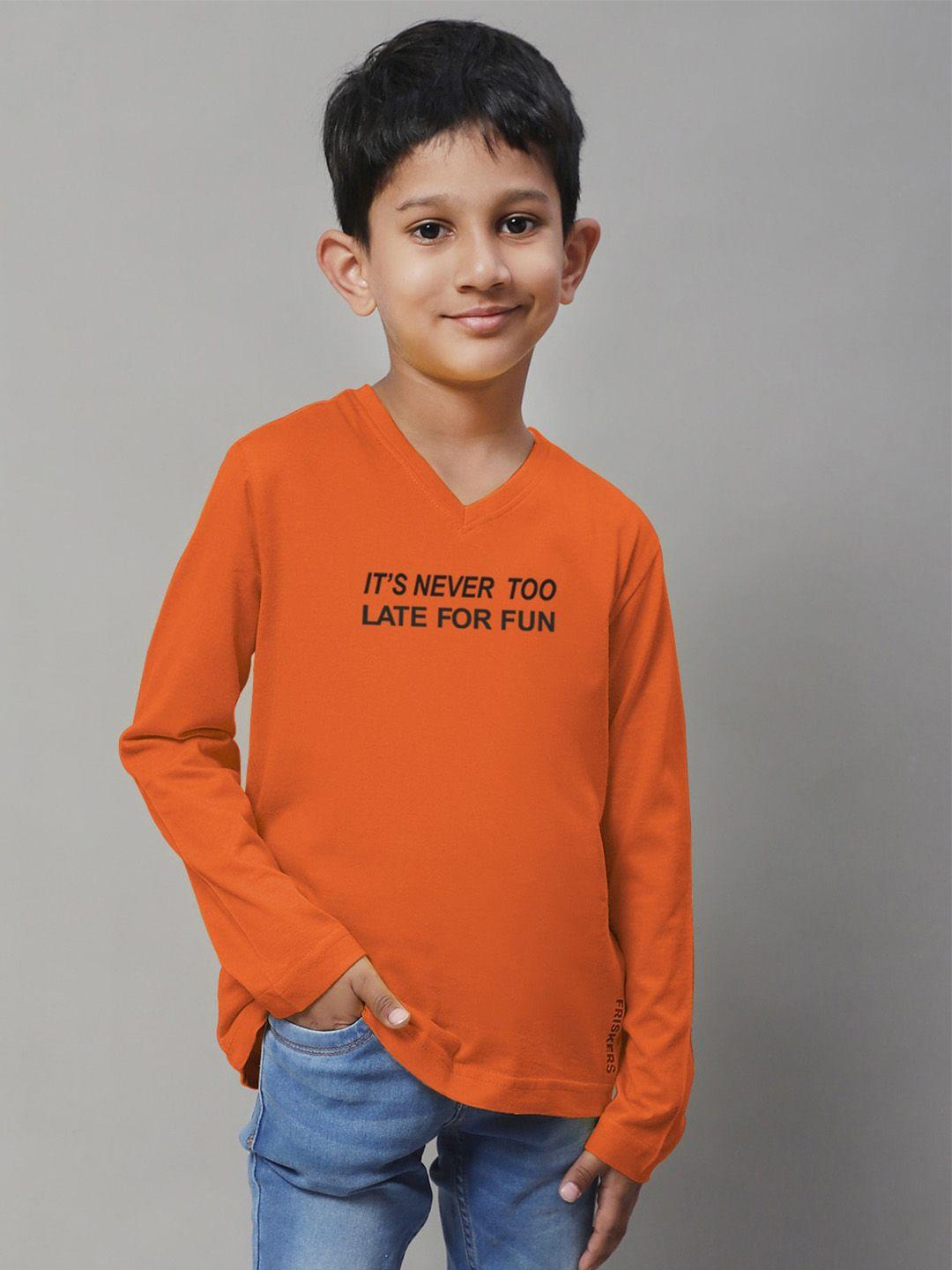 friskers boys orange typography printed v-neck t-shirt