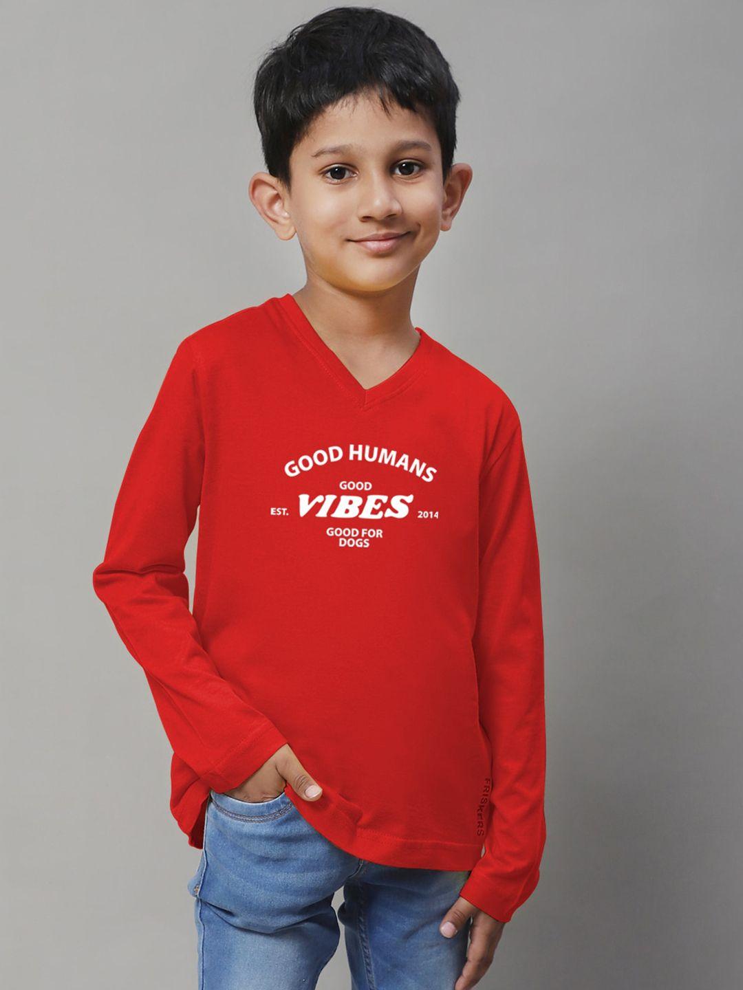 friskers boys red typography printed v-neck t-shirt