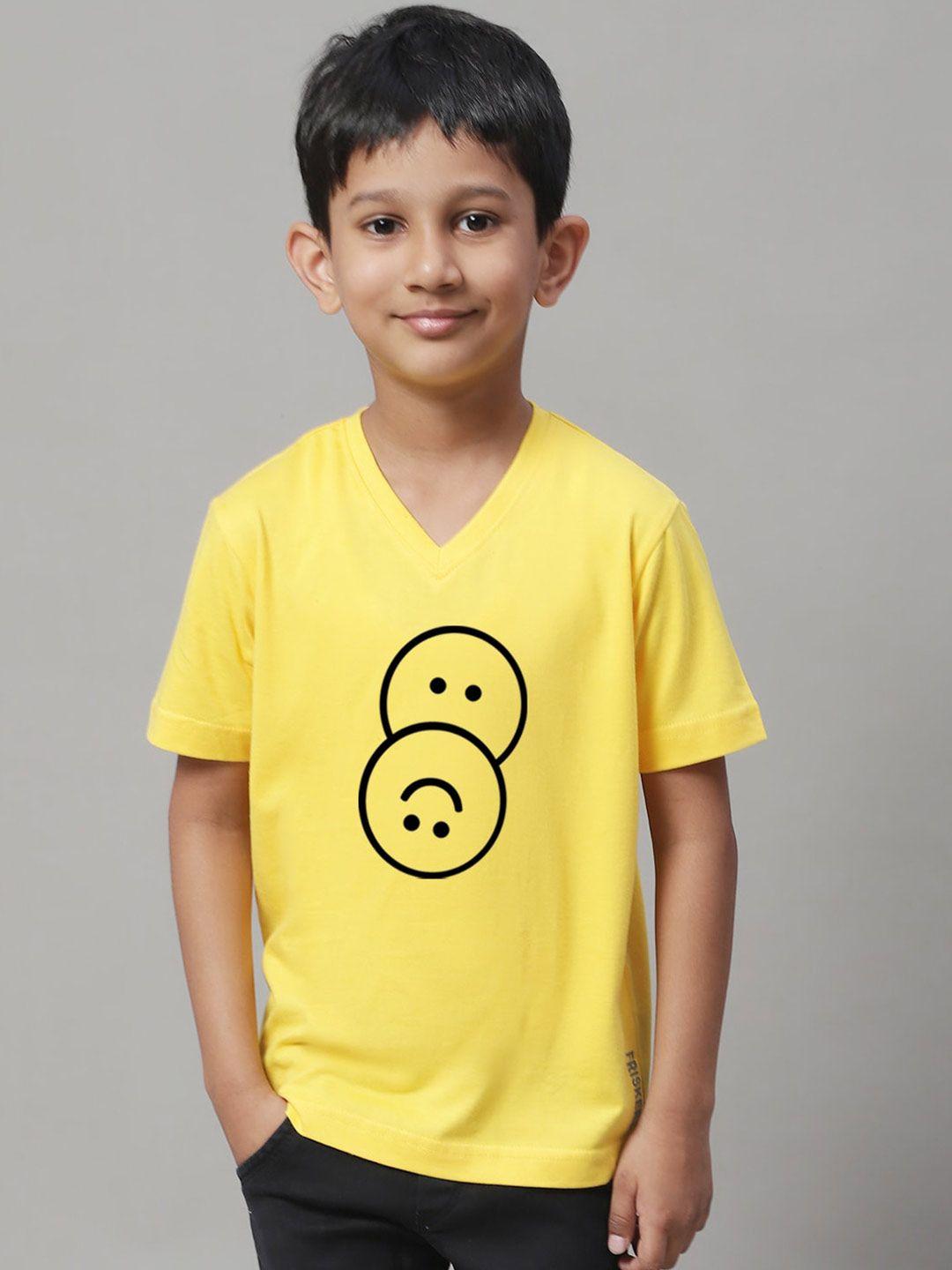 friskers boys yellow printed v-neck raw edge t-shirt