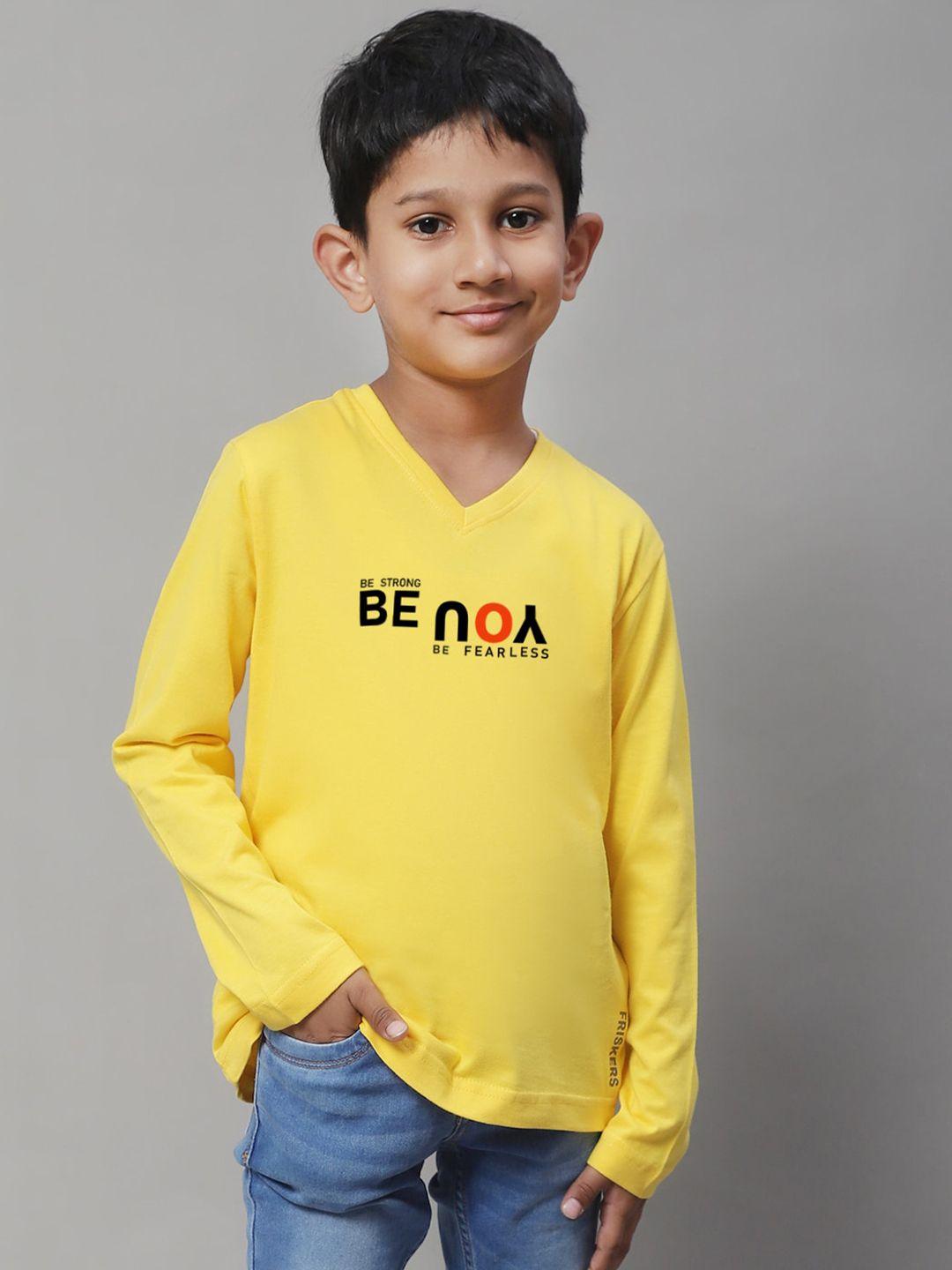 friskers boys yellow typography v-neck applique t-shirt